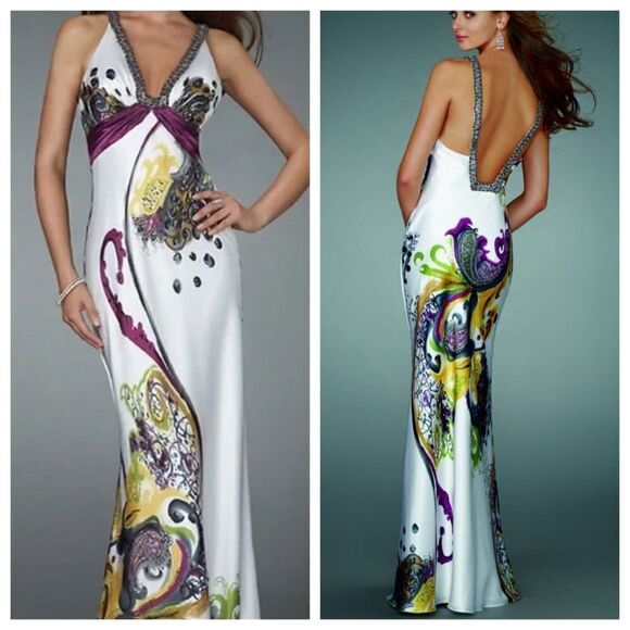 La Femme Prom Evening Full Length Colorful Beaded Plunging Open Back Stunning Ma - Picture 1 of 14